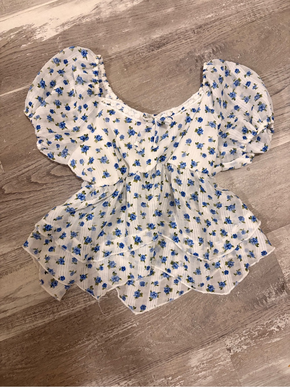 Love Squared White Peplum Blouse with Blue Floral Print
